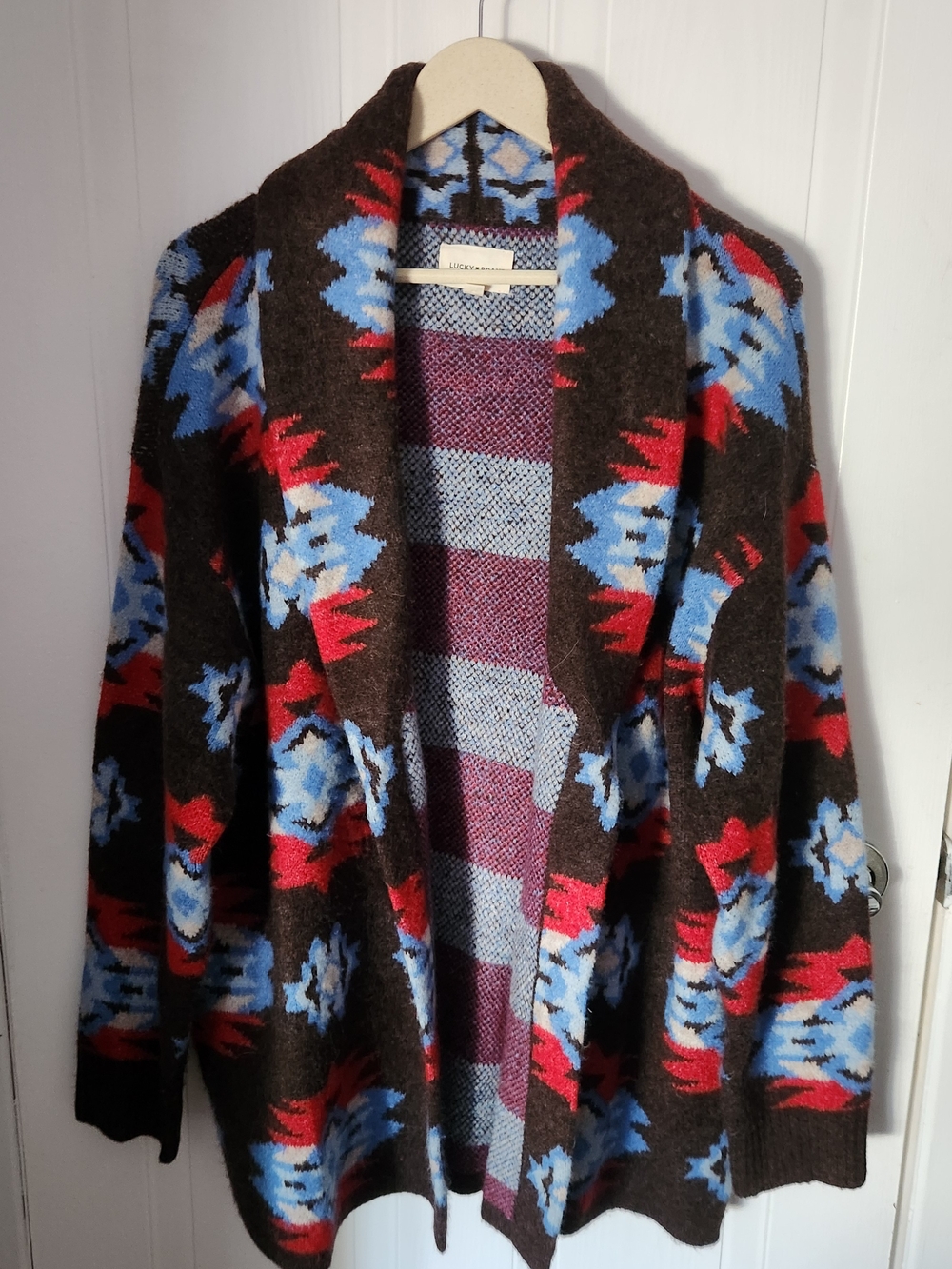 Lucky Brand Brown Cardigan with Blue & Red Southwestern Motif